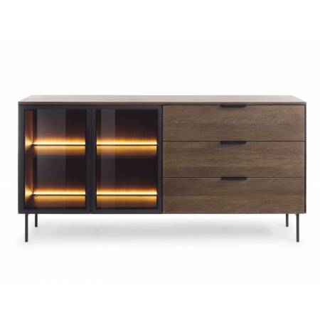 Komoda 180 cm z szufladami + LED przeszklona LIMA dąb dunin + czarny